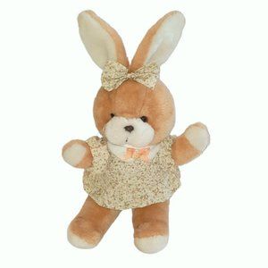 Vintage 1986 Cuddle Wit Tan Easter Bunny Rabbit Floral Bow & Dress Plush Toy 10"